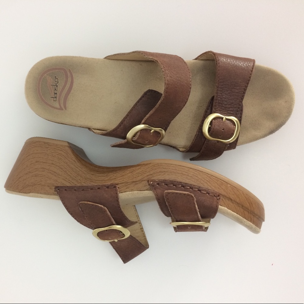 Dansko Brown Leather Wedge Sandals with Gold Buckles